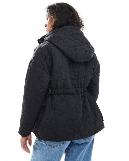 Wednesday's Girl Blue Flower Quilted Cinch Waist Puffer Jacket
