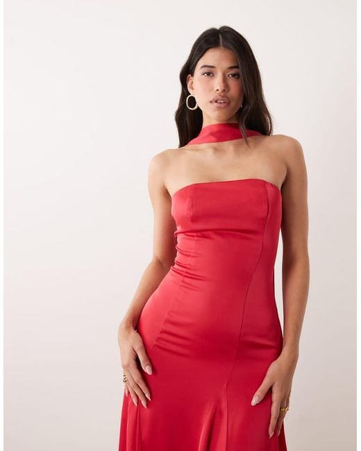Kaiia Red Exclusive Satin Scarf Detail Bandeau Godet Hem Maxi Dress