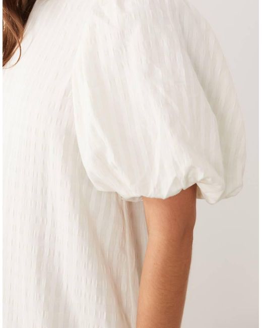 Ghospell Natural High Neck Puff Sleeve Peplum Hem Midi Dress