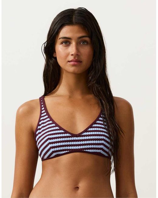 Oysho Blue Textured Bicolour Stripe Halter Bikini Top