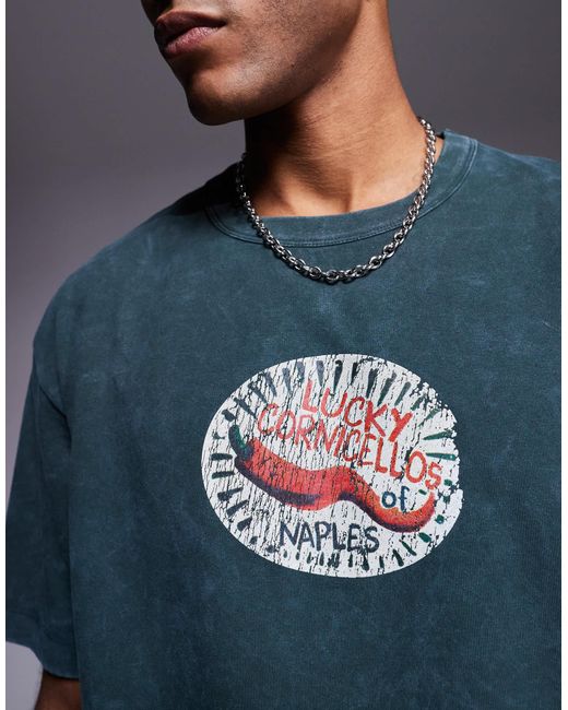 ASOS Blue Heavyweight Relaxed T-shirt With Chest Graphic for men