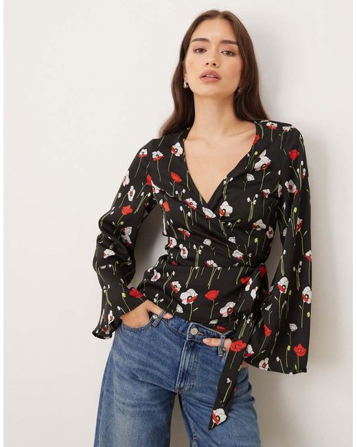 Glamorous Black Wrap Flared Sleeve Blouse