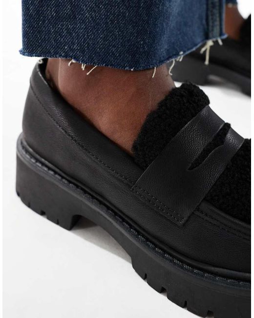 London Rebel Blue Olivia Contrast Teddy Fur Chunky Loafers