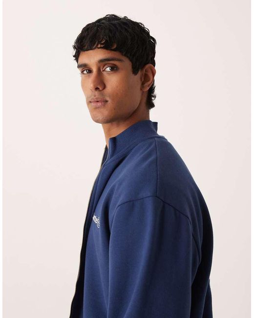 ASOS Blue Relaxed Fit Zip Up Sweatshirt With Embroidery Print for men