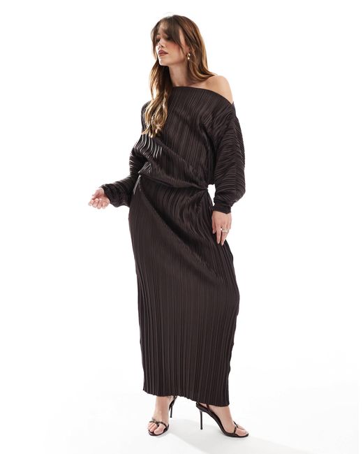 ASOS Black Plisse Fallen Shoulder Long Sleeve Midi Dress
