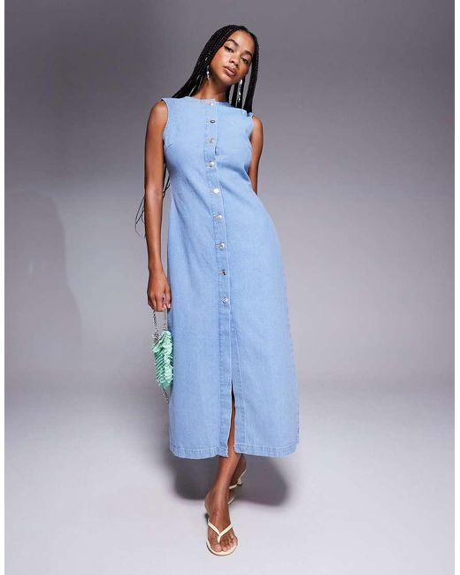 ASOS Blue Round Neck Denim Maxi Dress With Button Front Opening