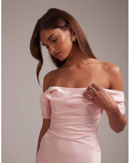 ASOS Pink Bridesmaids Bardot Satin Maxi Dress