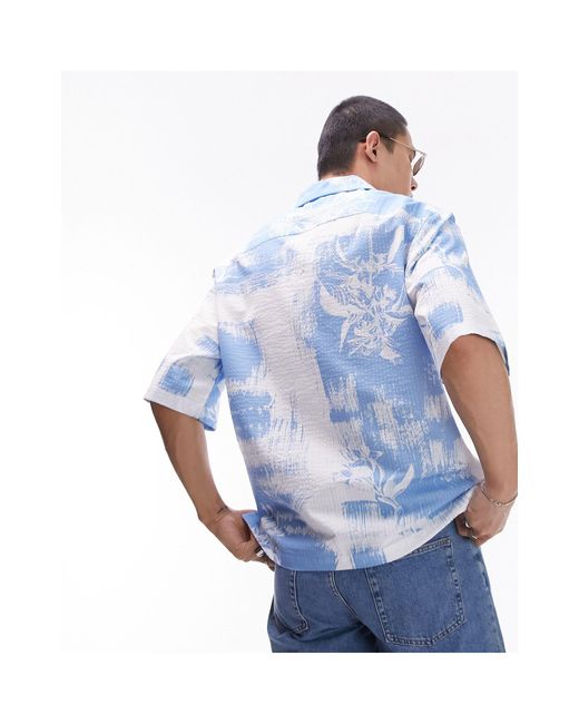 Topman Blue Short Sleeve Blurred Floral Seersucker Revere Shirt for men