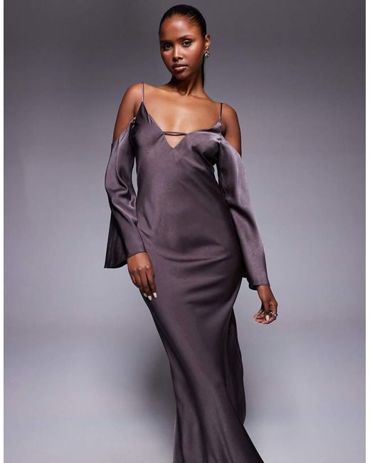ASOS Purple Satin Long Sleeve Fallen Shoulder Cami Maxi Dress