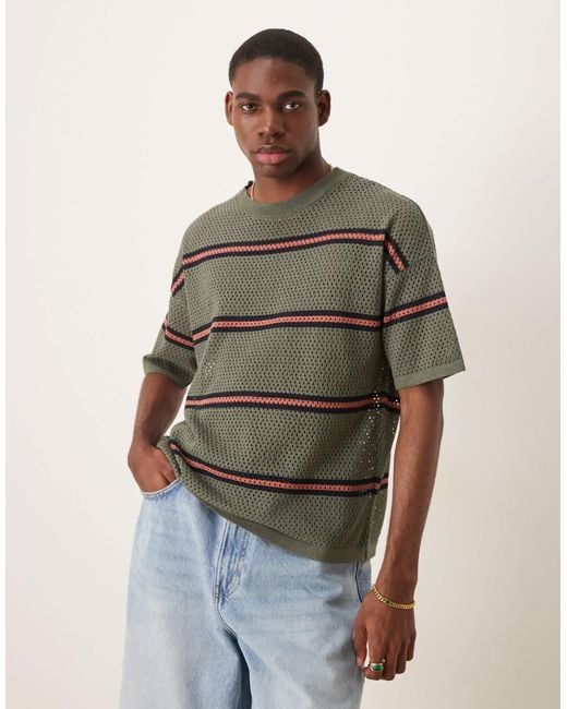 ASOS Green Relaxed Open Knitted Stripe T-Shirt for men