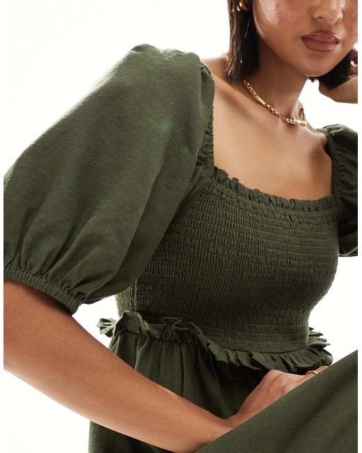 New Look Green Shirred Puff Sleeve Linen Blend Midi Dress