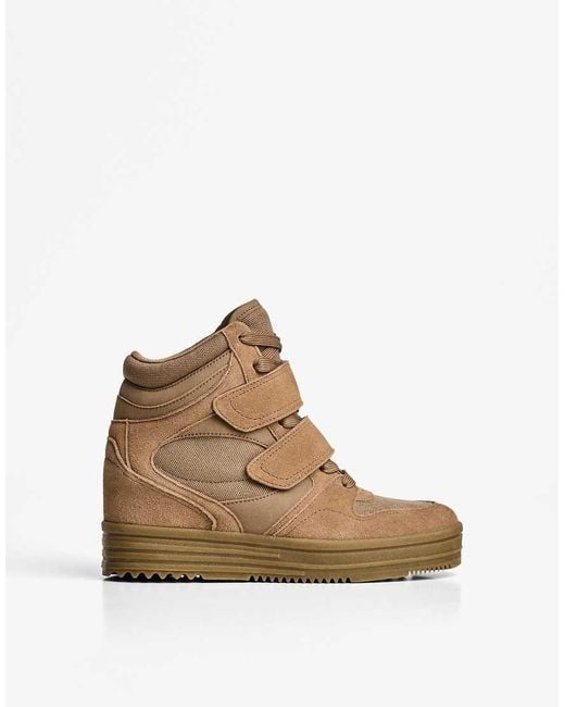 Bershka Brown High-top Trainers With Inner Wedge