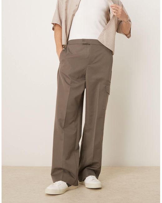 ASOS Natural Smart Wide Leg Pants With Double Pleats And Cargo Pockets for men