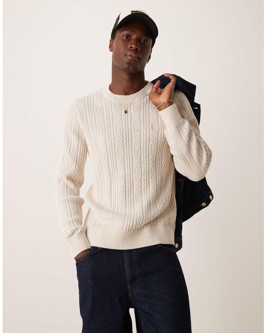 Abercrombie & Fitch – strickpullover aus beiger merinowolle mit zopfmuster in Natural für Herren