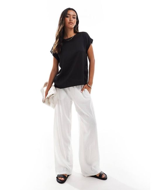 Vila Black Satin Front T-shirt With Turn Up Sleeve