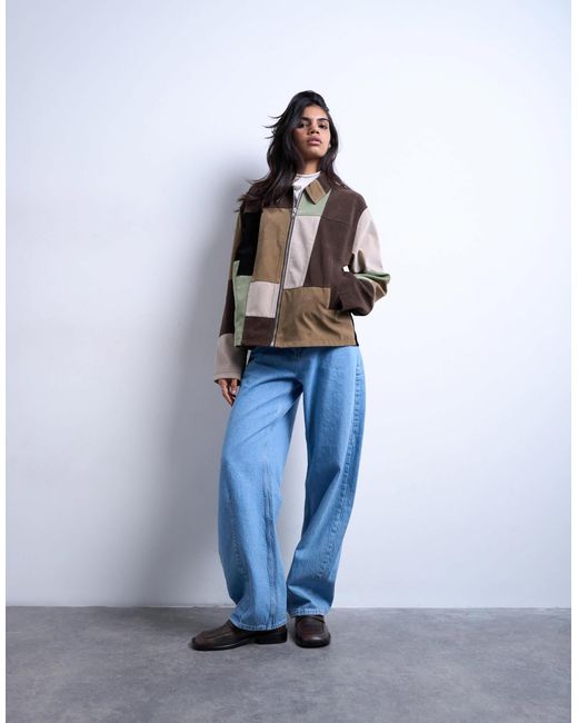 TOPSHOP Brown – mehrfarbige, kastige patchworkjacke aus wildlederimitat mit durchgehendem reißverschluss