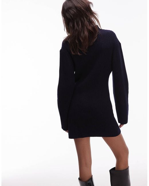 & Other Stories Blue Wool Knitted Mini Jumper Dress With Cinch Waist