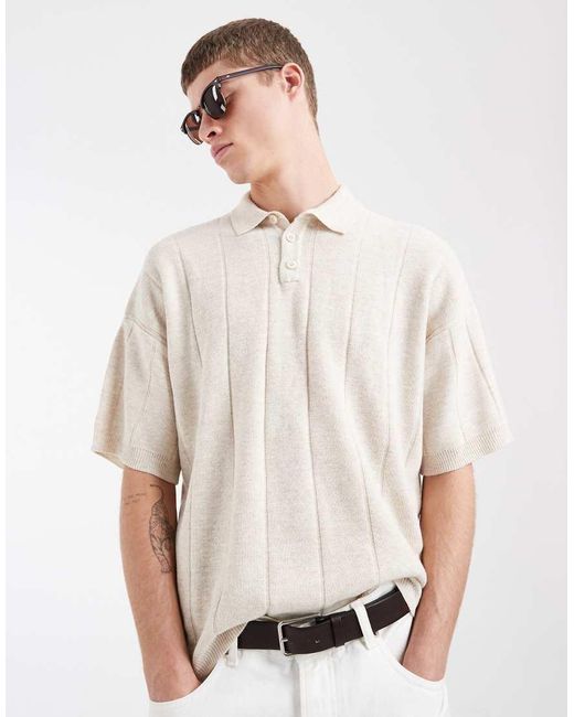 ASOS Natural Oversized Knitted Rib Short Sleeve Polo for men
