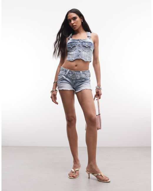 True Religion Blue Wide Belt Joey Low Rise Flap Pocket Denim Shorts