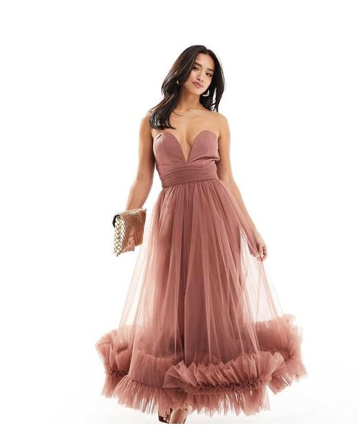 LACE & BEADS Red Corset Tulle Ruffle Hem Midaxi Dress