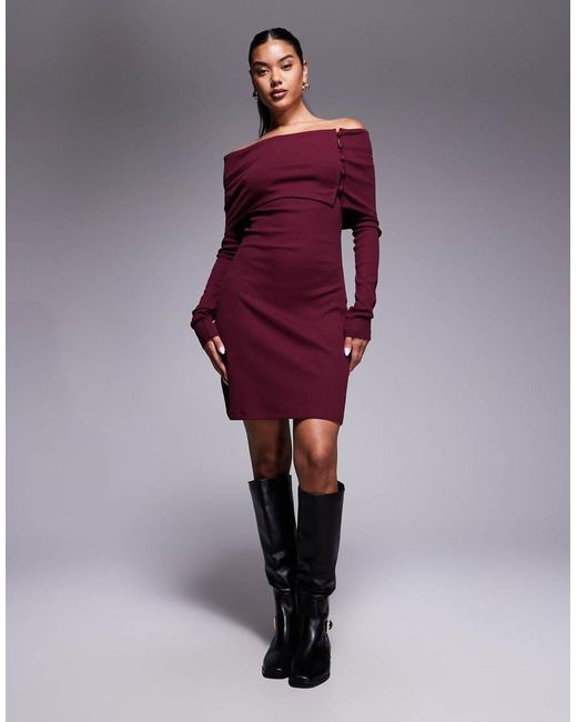ASOS Red Bardot Rib Mini Dress With Button Detail