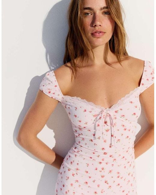Bershka Pink Lace Crinkle Midi Dress