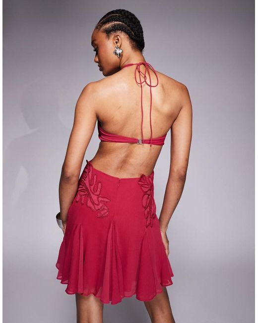 ASOS Asos Design Tall Embroidered Halter Mini Dress With Godets