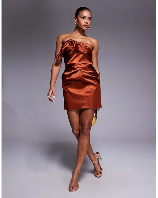ASOS Orange Bandeau Satin Structured Dress With Undone Corsage And Pleat Skirt