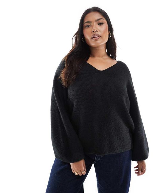 Threadbare Black Plus Fluffy V-neck Slouchy Sweater