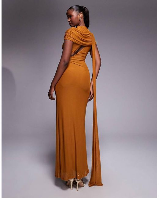 ASOS Brown Mesh Cape Detail Maxi Dress With Draped Back