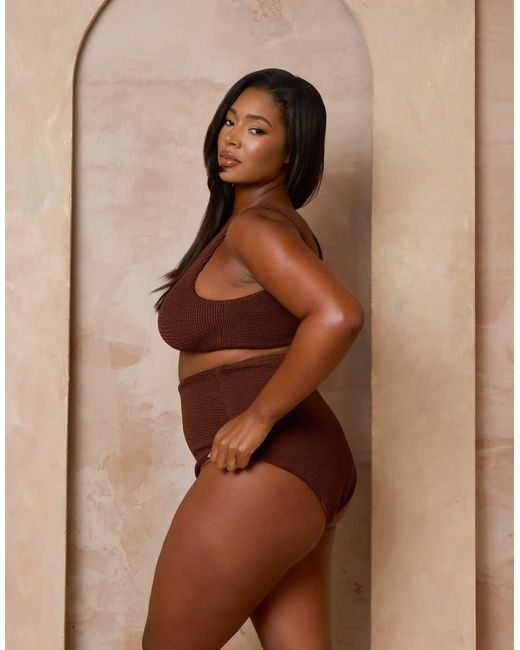 Moda Minx Curve Brown X Alessa Tyrrell-charles Scrunch Bralet Bikini Top With Knot Detail