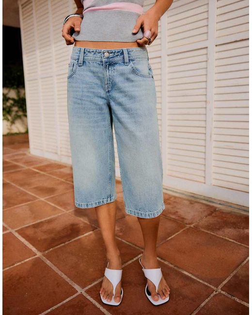 Bershka Blue Straight Denim Bermuda Shorts