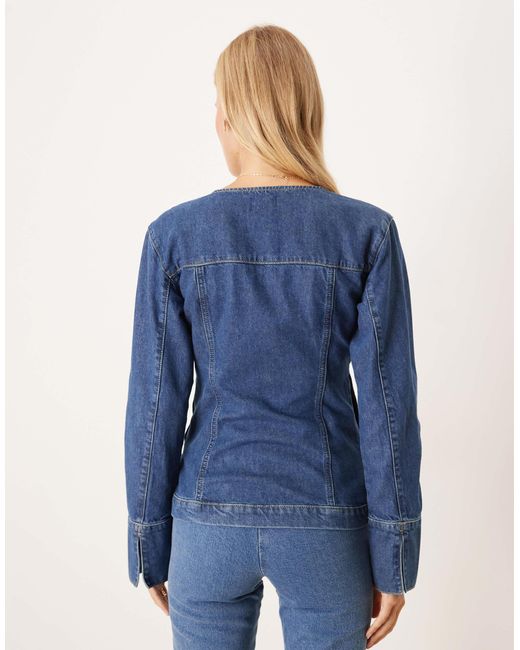 ASOS Blue Longline Collarless Denim Jacket With Cinched Waist