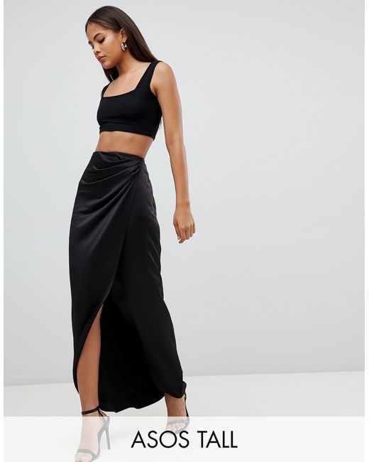 ASOS Asos Design Tall Satin Wrap Maxi Skirt in Black | Lyst