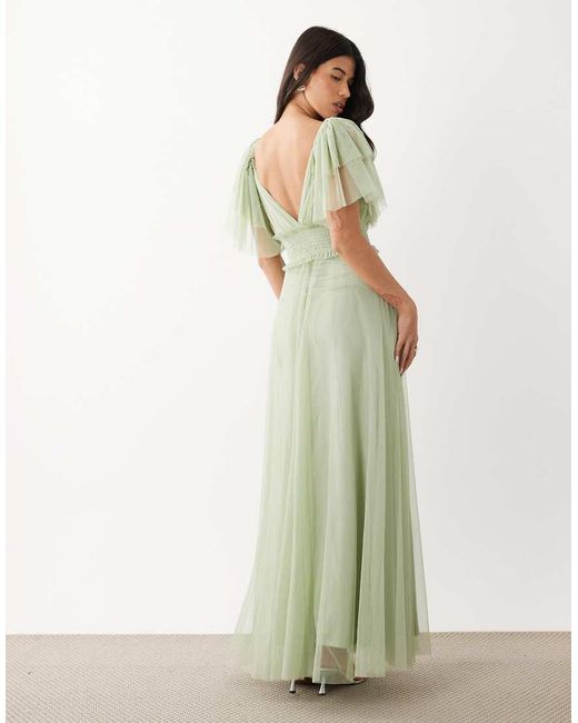 LACE & BEADS Green Bridesmaid Tulle Flutter Sleeve Shirred Waist Maxi Dress