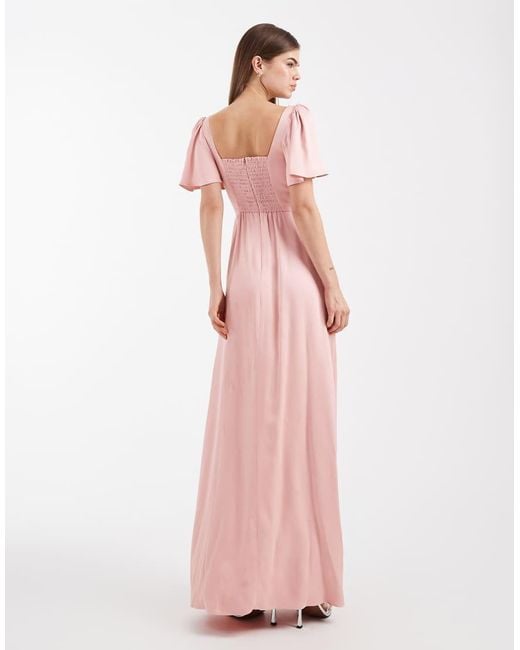 Maids To Measure Pink Bridesmaid Square Neck Flutter Sleeve Maxi Dress
