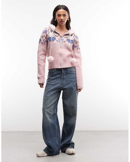 Daisy Street Pink X Miffy Faux Fur Zip-up Cardigan With Pom-poms