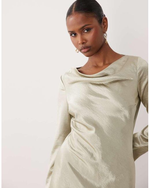 TFNC London Natural Satin Flared Long Sleeve Maxi Dress