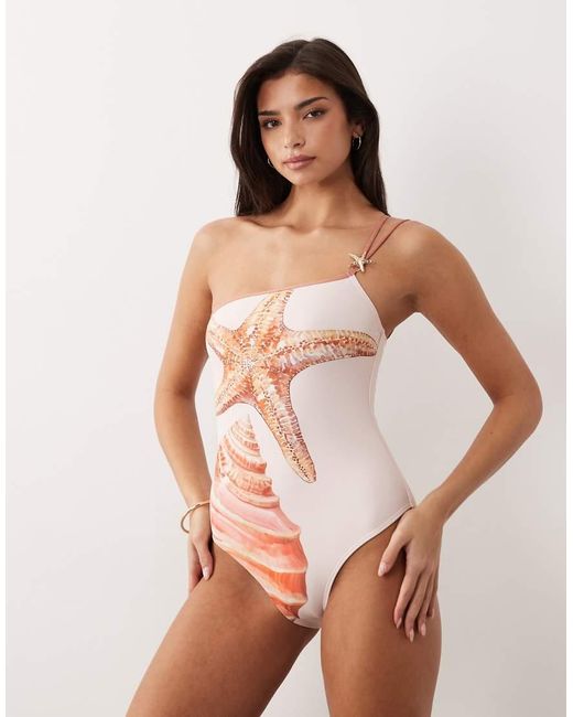 South Beach Pink Asymmetric Shell Print Swimsuit