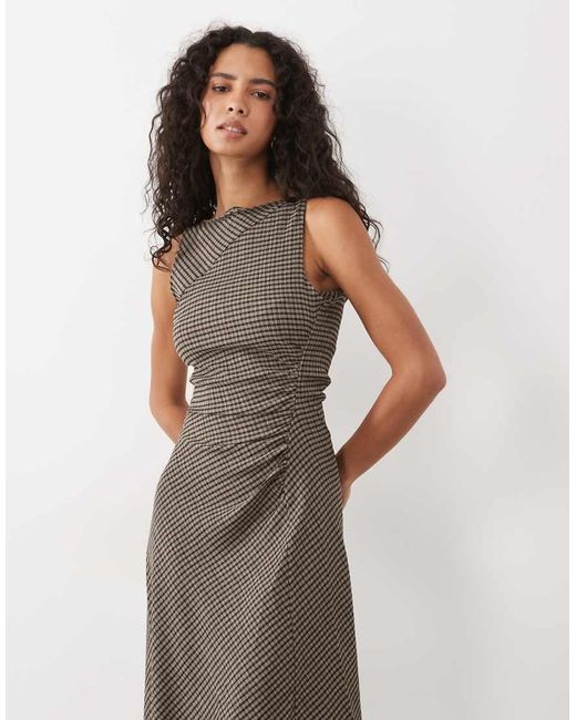 Mango Brown Sleeveless Ruched Midi Dress