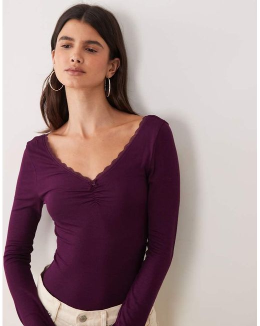 Miss Selfridge Purple Ruched V Neck Bodysuit With Lace Trim