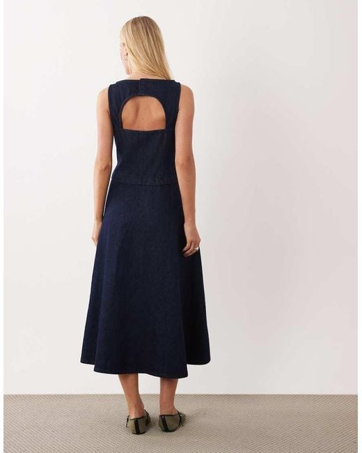 ASOS Blue Denim Circle Hem Midi Dress With Cut Out Detail