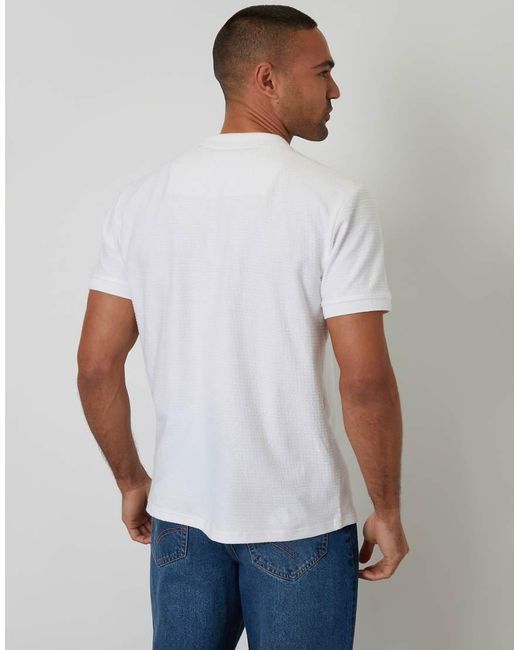 Threadbare White Textured Cotton Quarter Zip Polo Shirt for men