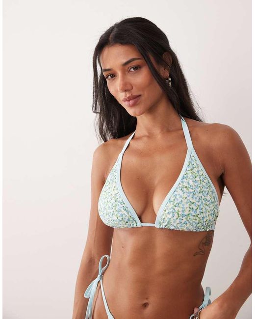 Peek & Beau Blue Triangle Bikini Top With Contrast Binding