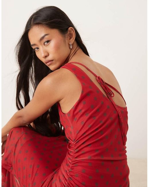 House Of Sunny Red Assymetric Ruffle Polka Dot Midi Dress