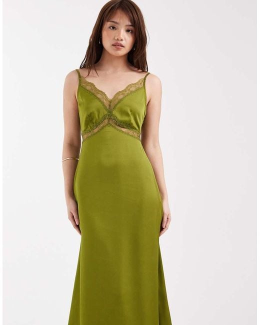 Only Petite Green Satin Feel Maxi Dress With Lace Detail