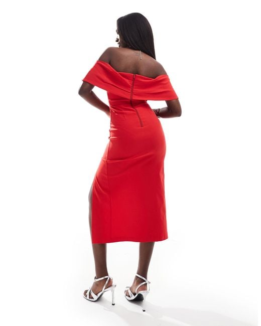 Vesper Red Bardot Sleeve Detail Thigh Split Midaxi Dress