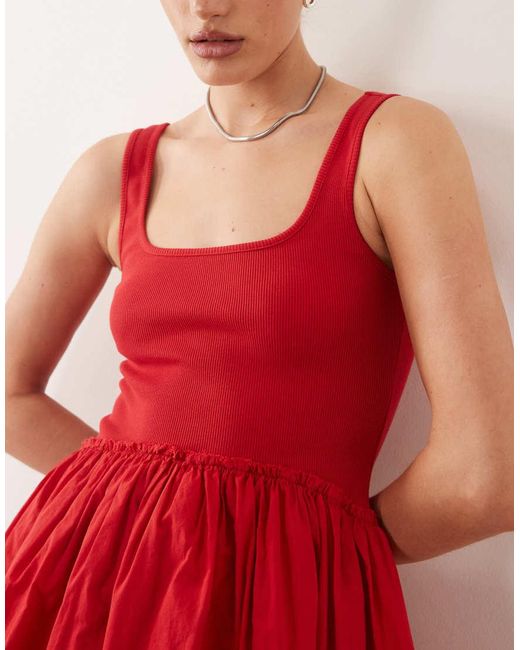 ASOS Red Scoop Ribbed Bodice With Poplin Skirt Mini Dress