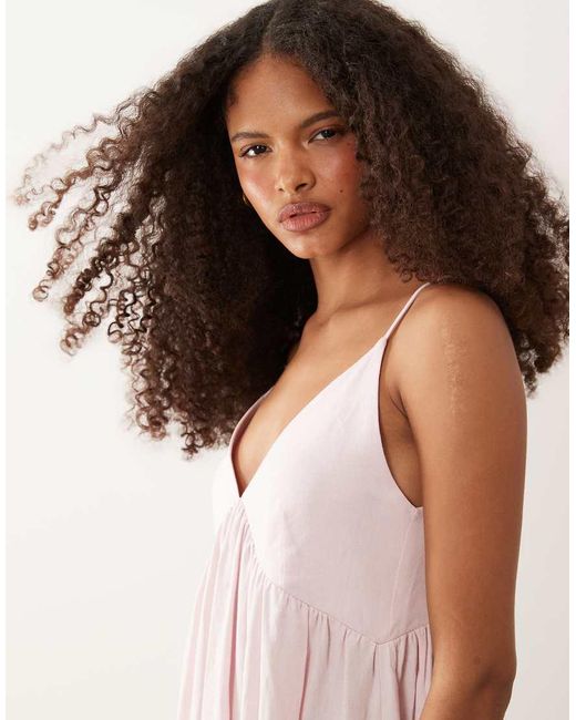 ASOS Pink Linen Blend Deep V Maxi Sundress