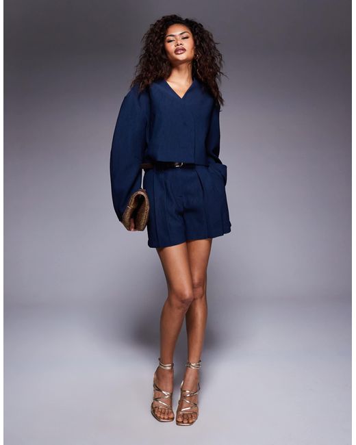ASOS Blue Tailored Textured Shorts With Belt Co-Ord